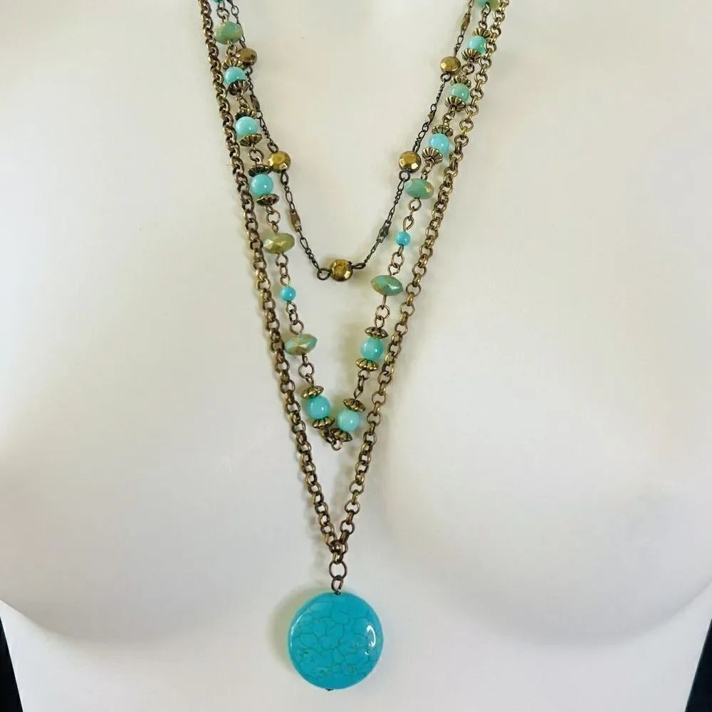 Vintage Antiqued Gold Tone Layered Multi Strand Faux Turqoise Bead Necklace 1411